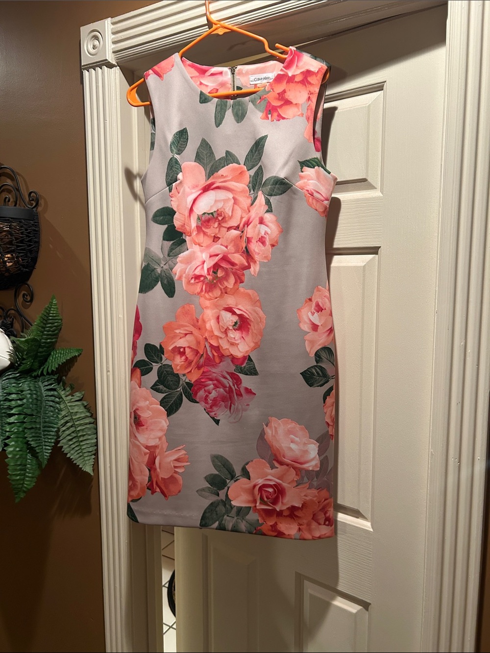 Calvin Klein Gray Sheath Dress with Pink Floral Print